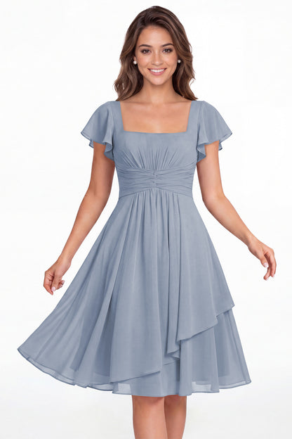 Dusty Blue Square Neck Flutter Sleeve Chiffon Ruched Midi Dress - Front View
