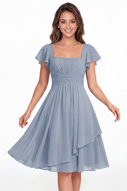 Dusty Blue Square Neck Flutter Sleeve Chiffon Ruched Midi Dress - Front View