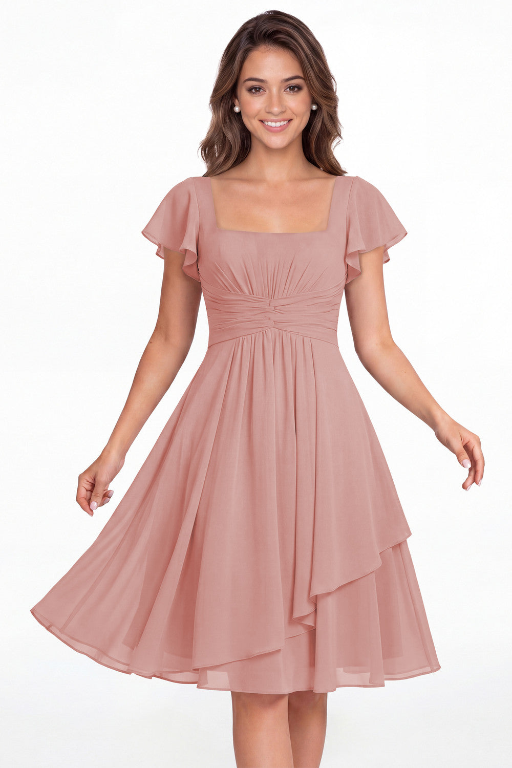 Dusty Rose Square Neck Flutter Sleeve Chiffon Ruched Midi Dress - Front View