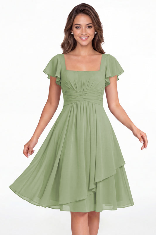 Dusty Sage Square Neck Flutter Sleeve Chiffon Ruched Midi Dress - Front View