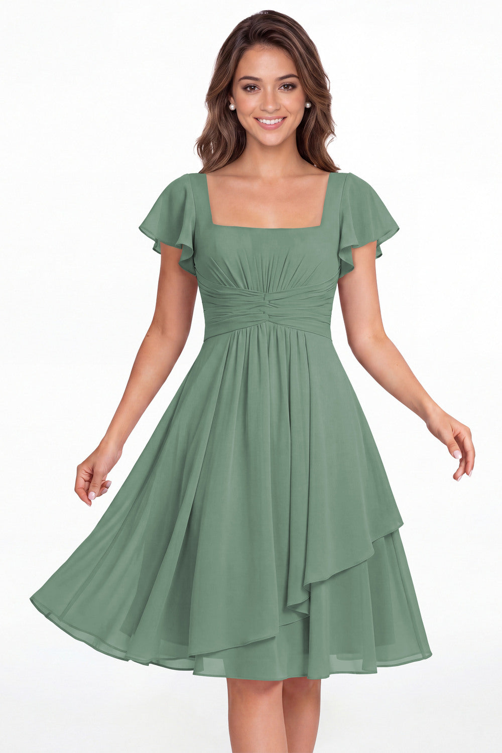 Eucalyptus Square Neck Flutter Sleeve Chiffon Ruched Midi Dress - Front View