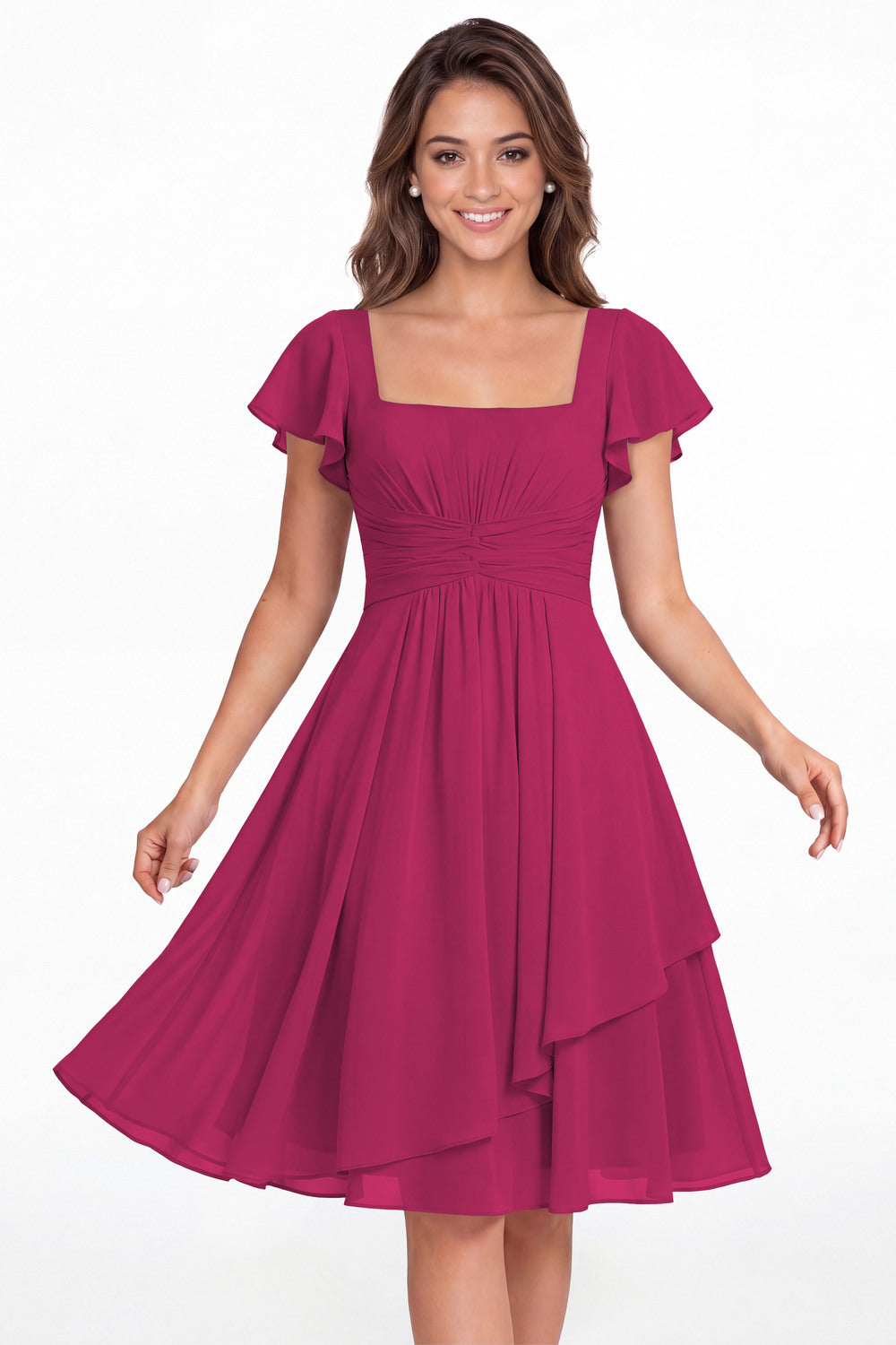Fuchsia Square Neck Flutter Sleeve Chiffon Ruched Midi Dress - Front View