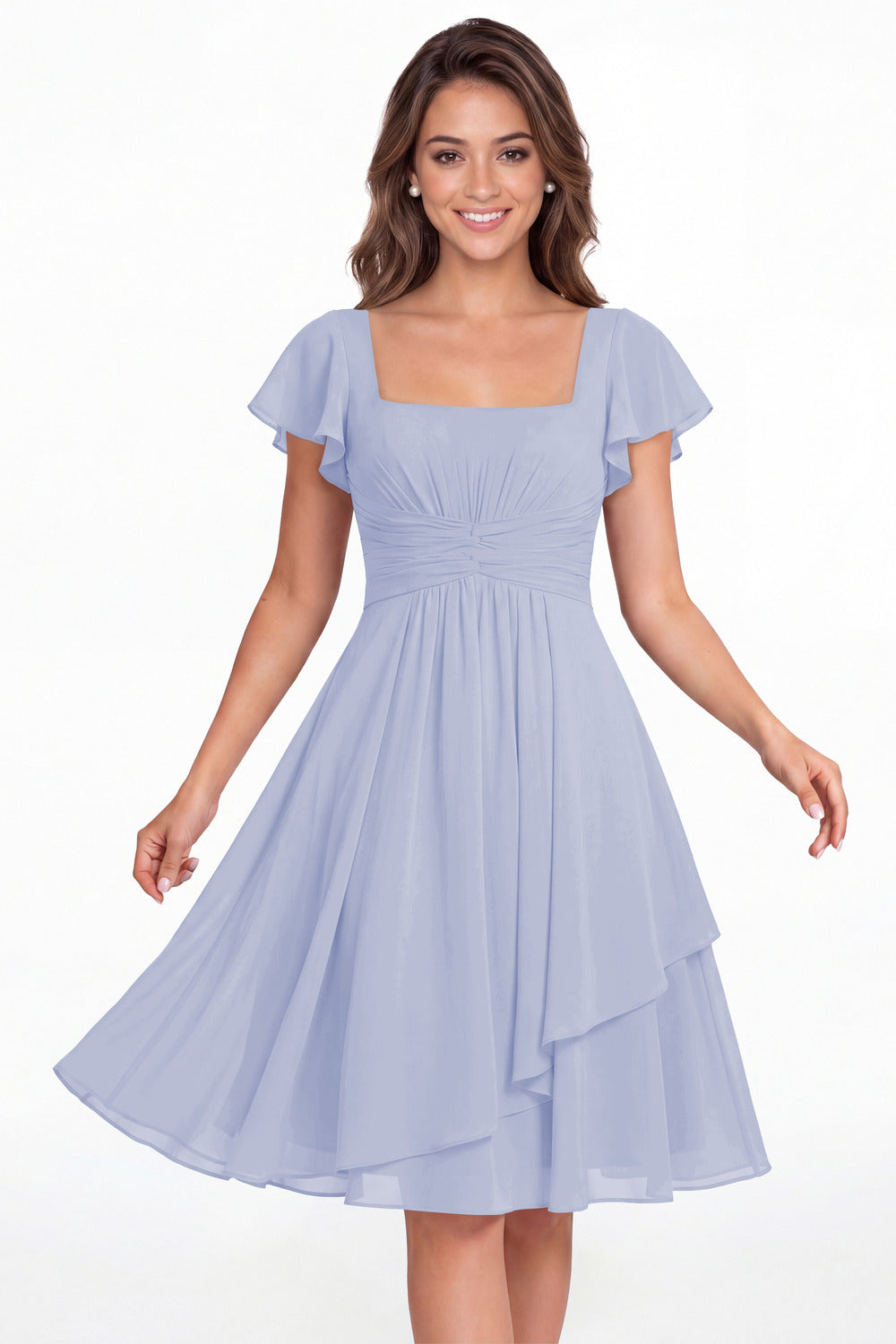 Lavender Square Neck Flutter Sleeve Chiffon Ruched Midi Dress - Front View