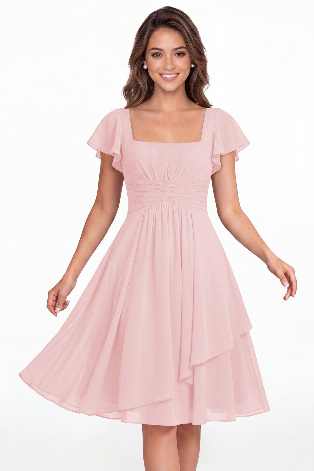 Light Pink Square Neck Flutter Sleeve Chiffon Ruched Midi Dress - Front View