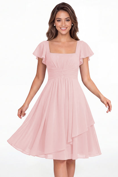 Light Pink Square Neck Flutter Sleeve Chiffon Ruched Midi Dress - Front View