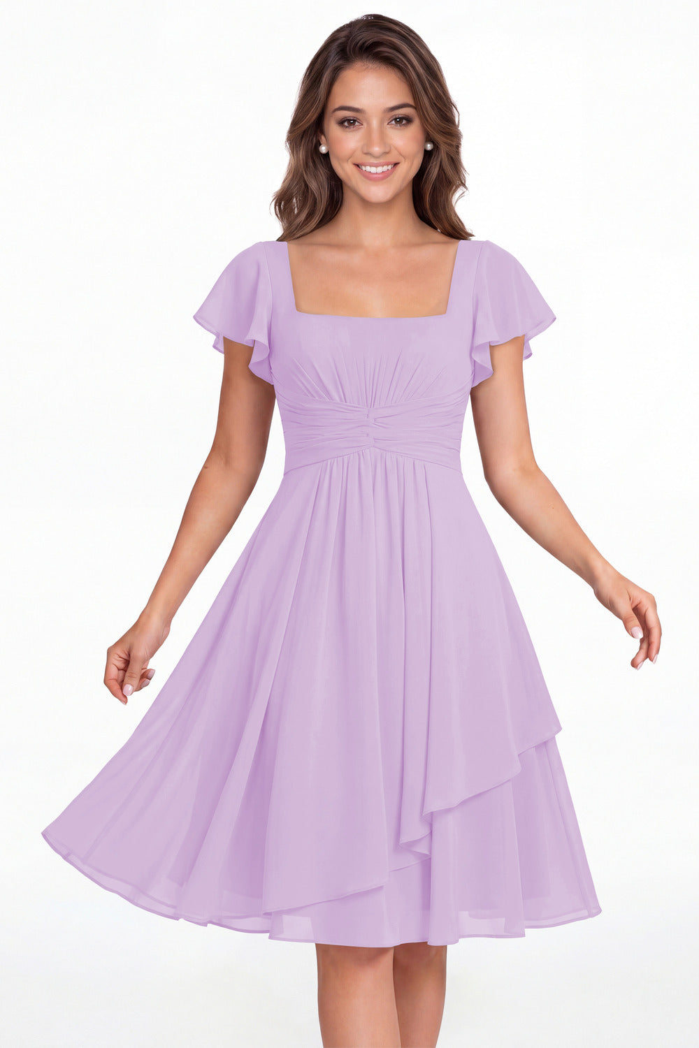 Lilac Square Neck Flutter Sleeve Chiffon Ruched Midi Dress - Front View