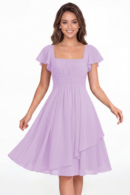 Lilac Square Neck Flutter Sleeve Chiffon Ruched Midi Dress - Front View