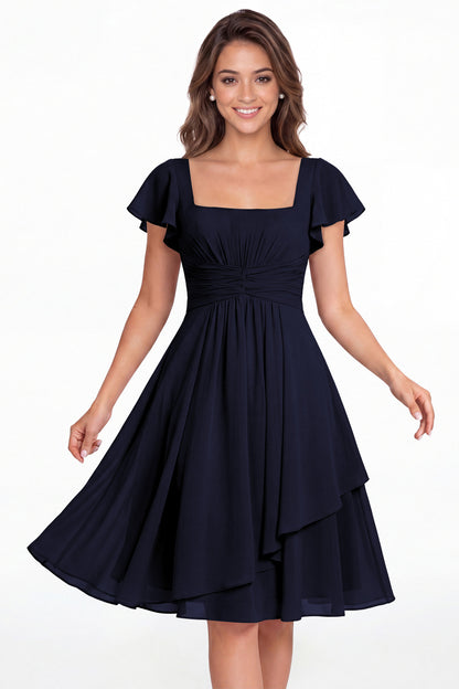 Navy Blue Square Neck Flutter Sleeve Chiffon Ruched Midi Dress - Front View