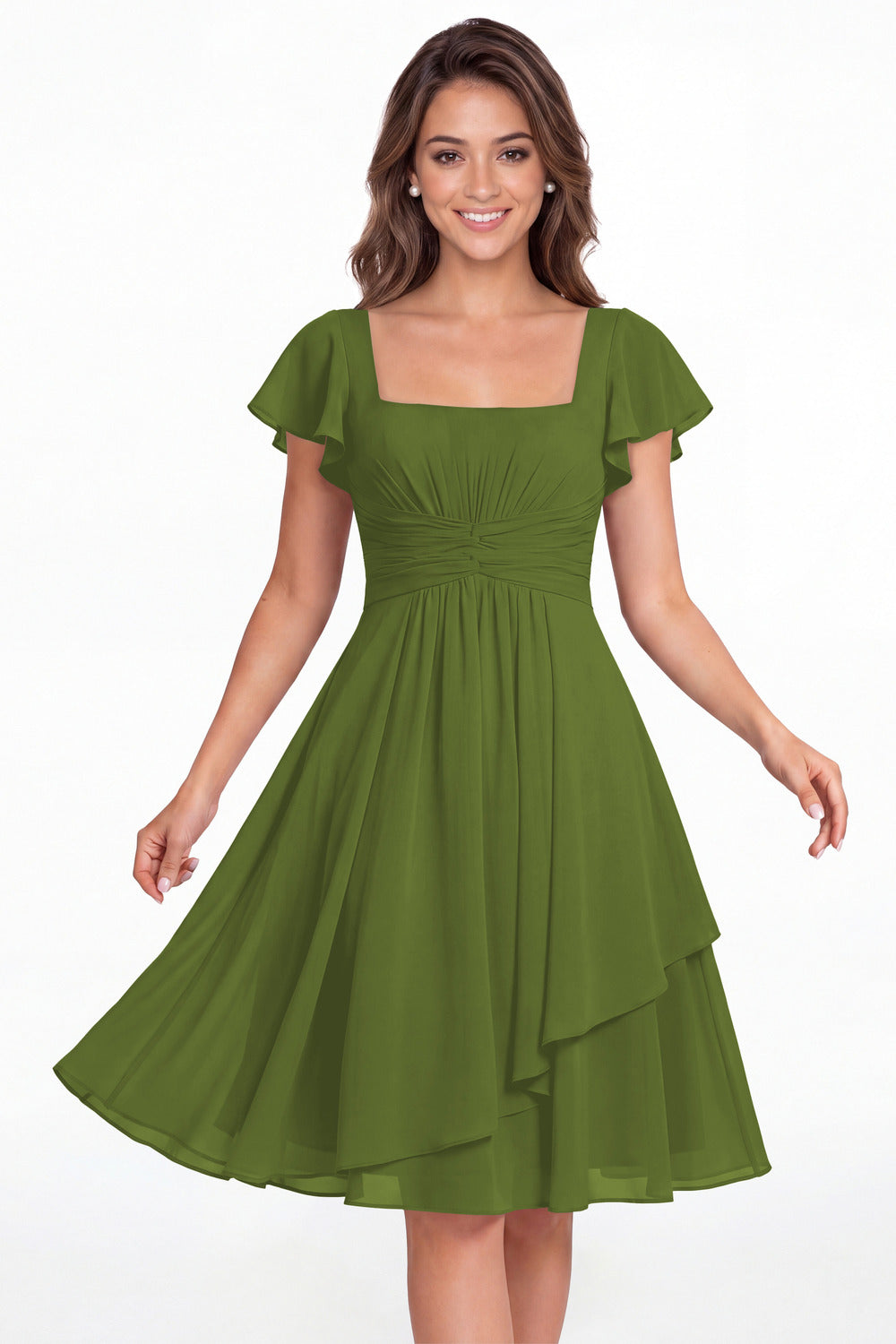 Olive Green Square Neck Flutter Sleeve Chiffon Ruched Midi Dress - Front View