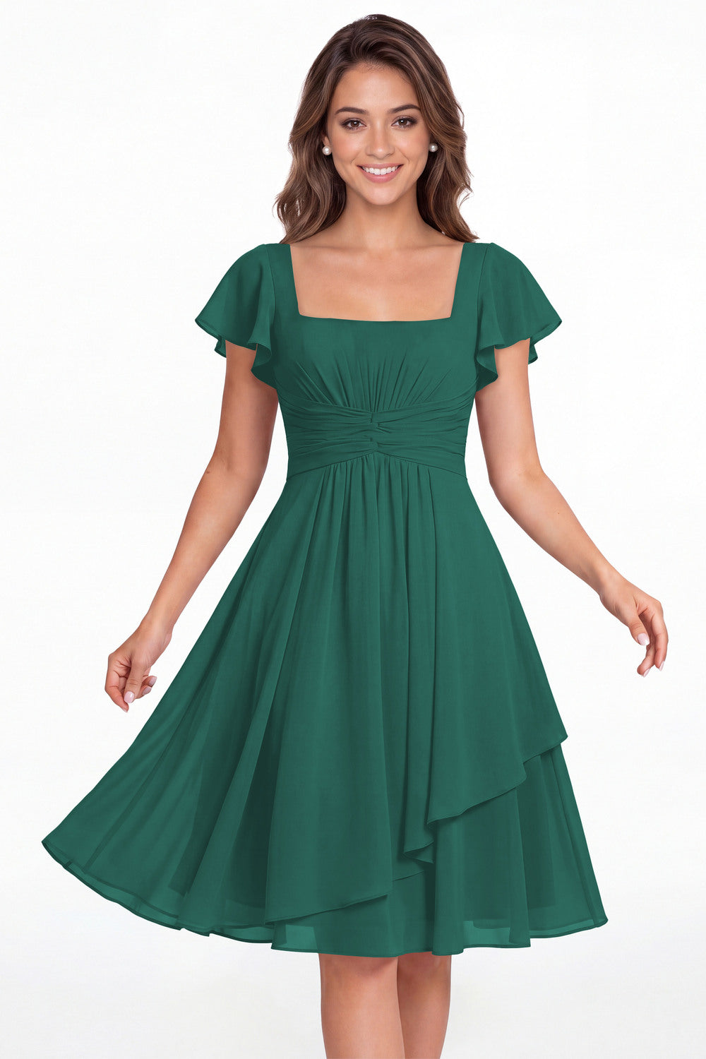 Peacock Square Neck Flutter Sleeve Chiffon Ruched Midi Dress - Front View