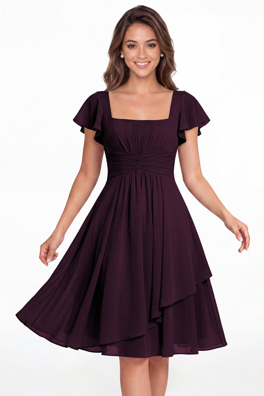 Plum Square Neck Flutter Sleeve Chiffon Ruched Midi Dress - Front View