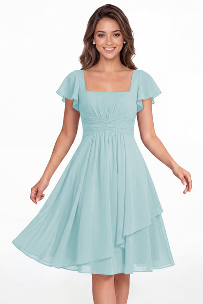 Powder Blue Square Neck Flutter Sleeve Chiffon Ruched Midi Dress - Front View