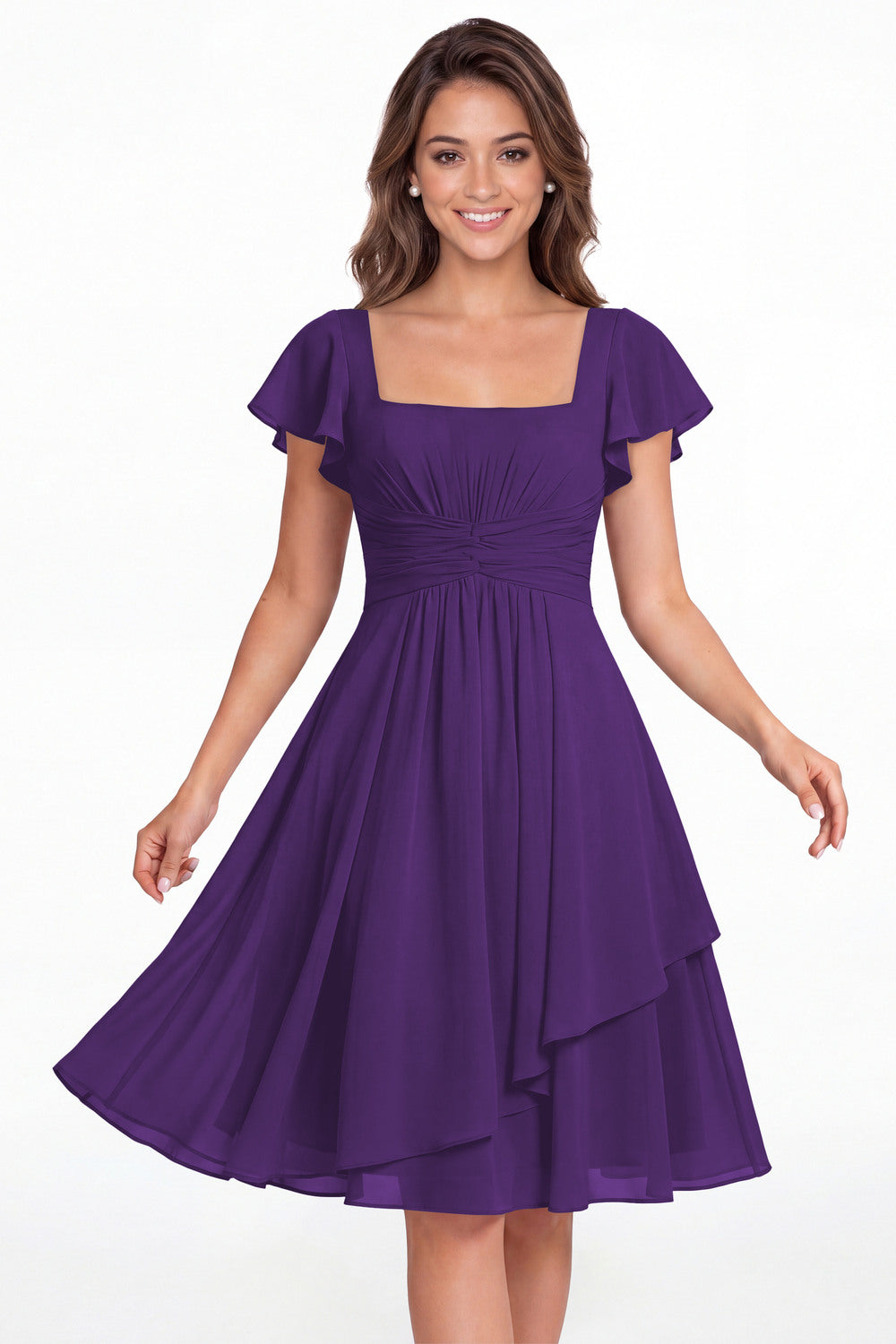 Purple Square Neck Flutter Sleeve Chiffon Ruched Midi Dress - Front View