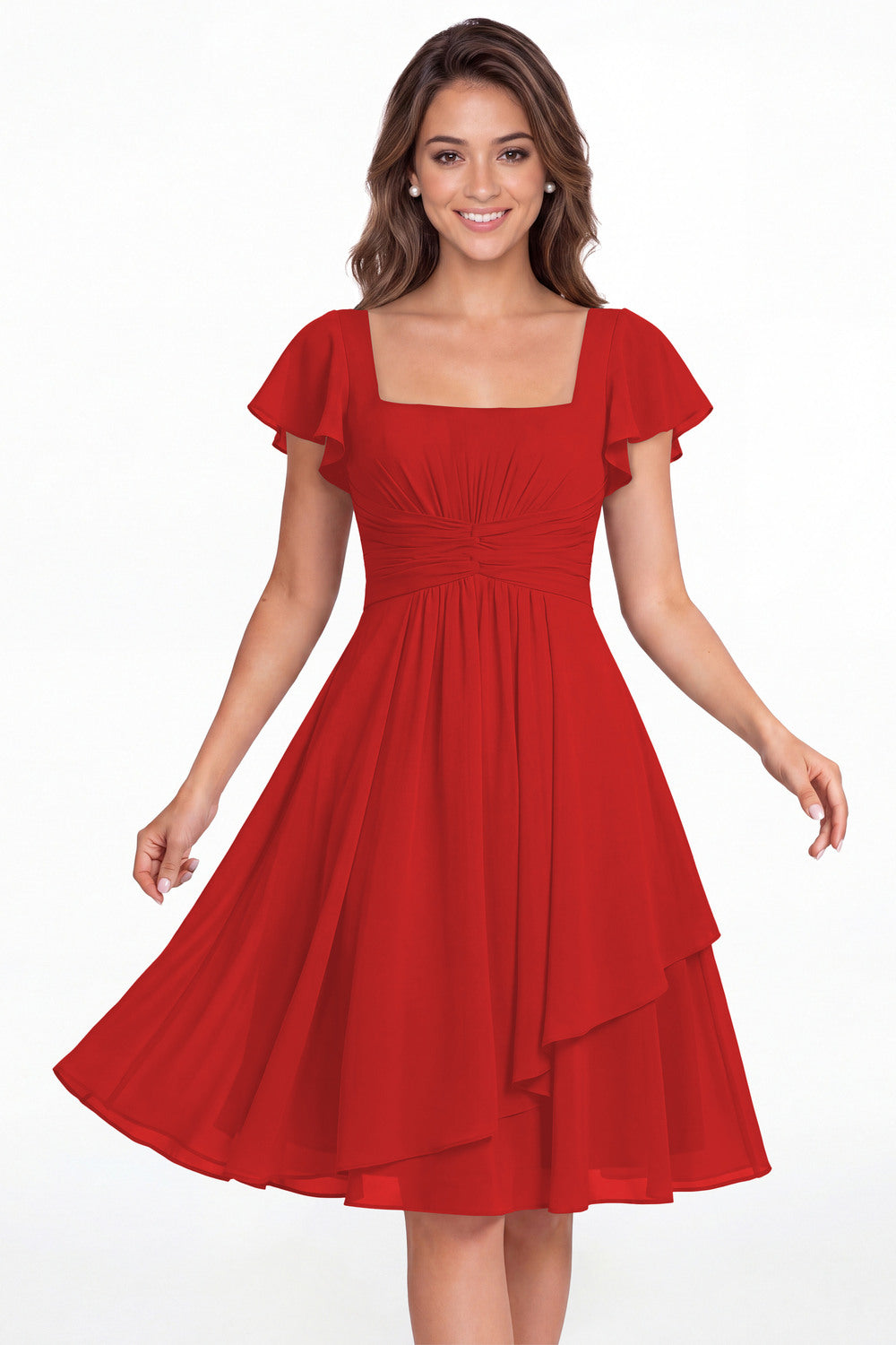 Red Square Neck Flutter Sleeve Chiffon Ruched Midi Dress - Front View