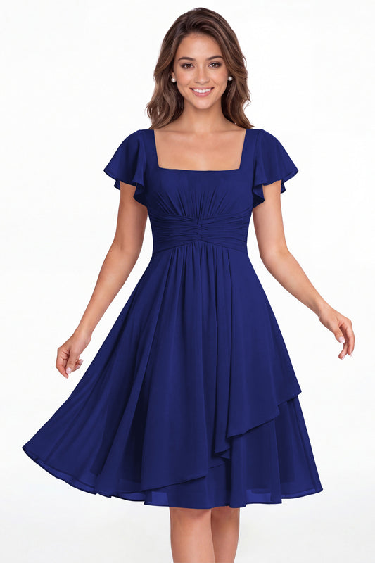 Royal Blue Square Neck Flutter Sleeve Chiffon Ruched Midi Dress - Front View