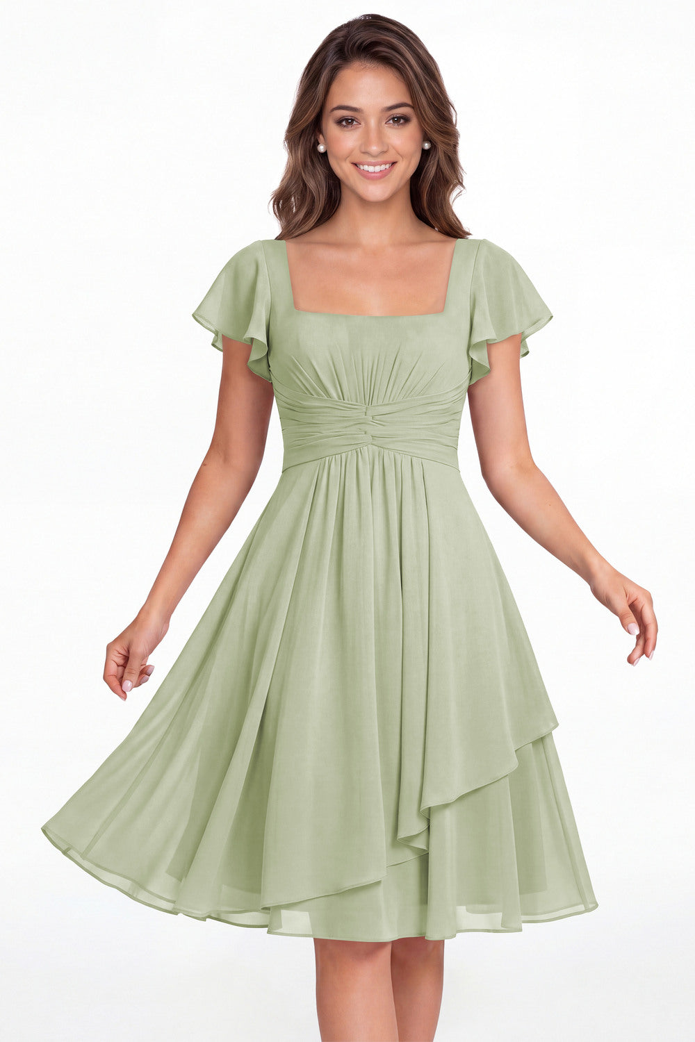 Sage Green Square Neck Flutter Sleeve Chiffon Ruched Midi Dress - Front View