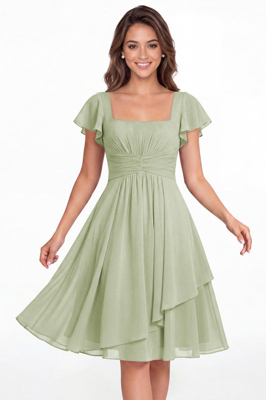 Sage Green Square Neck Flutter Sleeve Chiffon Ruched Midi Dress - Front View