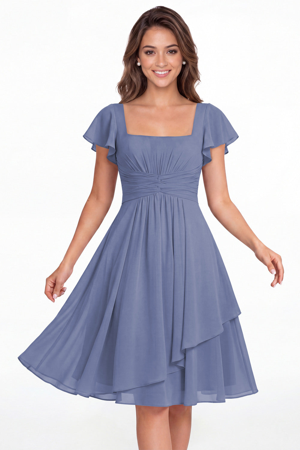 Steel Blue Square Neck Flutter Sleeve Chiffon Ruched Midi Dress - Front View