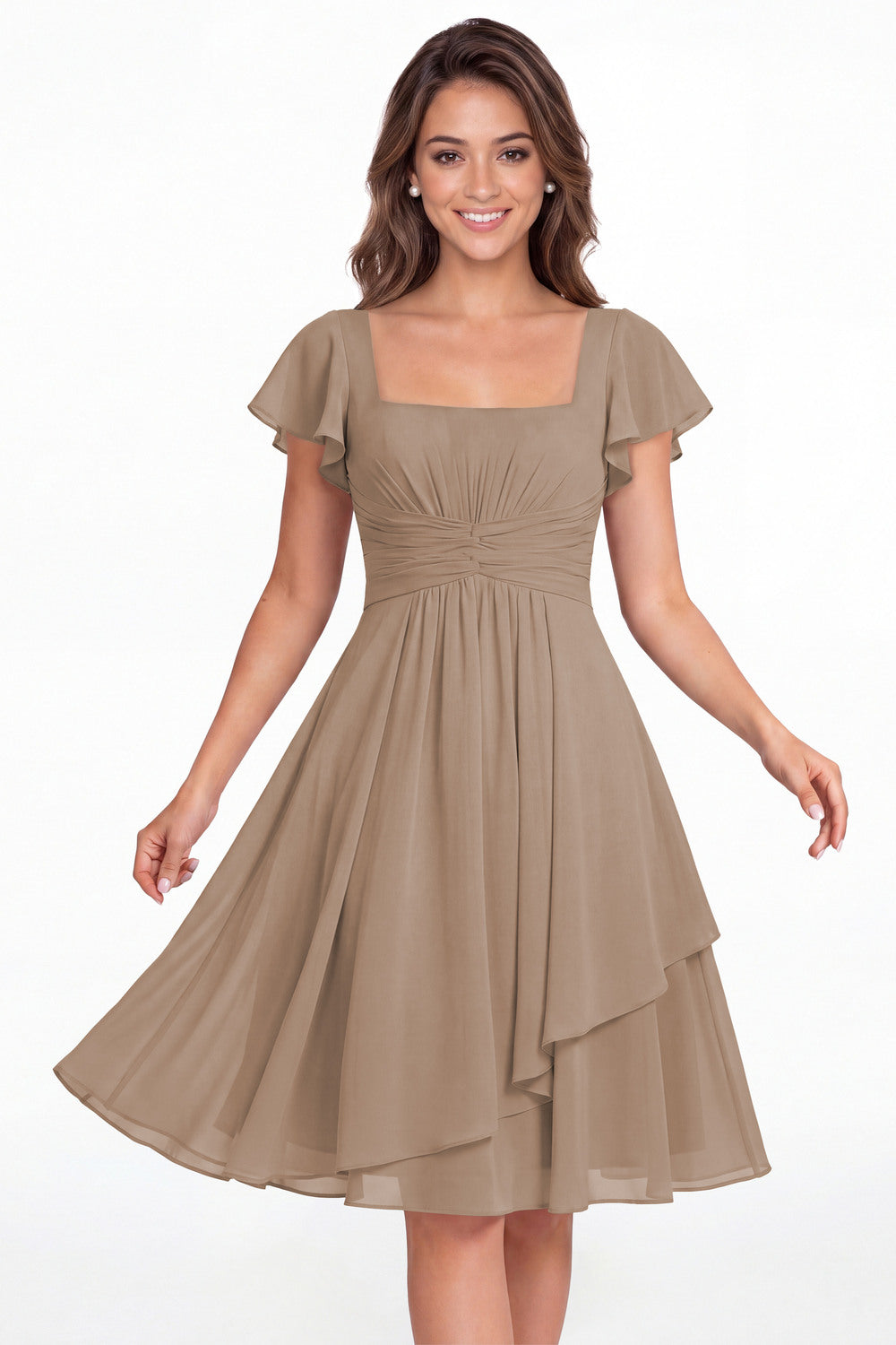 Taupe Square Neck Flutter Sleeve Chiffon Ruched Midi Dress - Front View