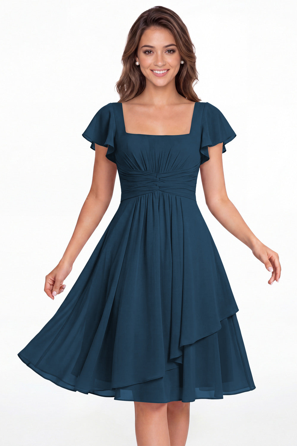Teal Square Neck Flutter Sleeve Chiffon Ruched Midi Dress - Front View