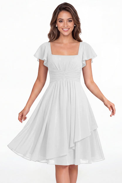 White Square Neck Flutter Sleeve Chiffon Ruched Midi Dress - Front View