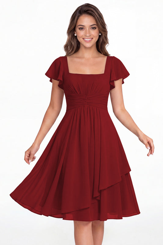 Wine Red Square Neck Flutter Sleeve Chiffon Ruched Midi Dress - Front View