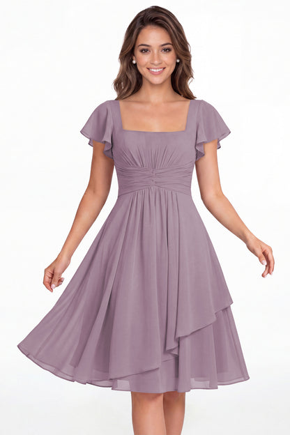 Wisteria Square Neck Flutter Sleeve Chiffon Ruched Midi Dress - Front View