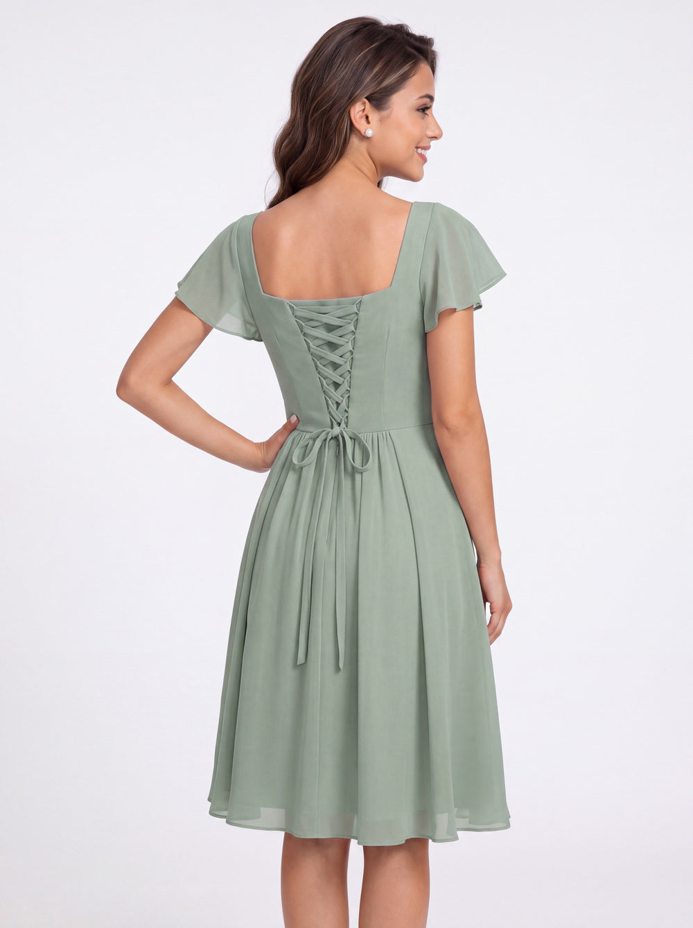 Square Neck Flutter Sleeve Chiffon Ruched Midi Dress - Back View