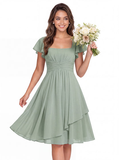 Square Neck Flutter Sleeve Chiffon Ruched Midi Dress - Detail View 3