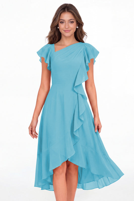 Aqua Blue Asymmetric Chiffon Ruffle Midi Dress - Front View