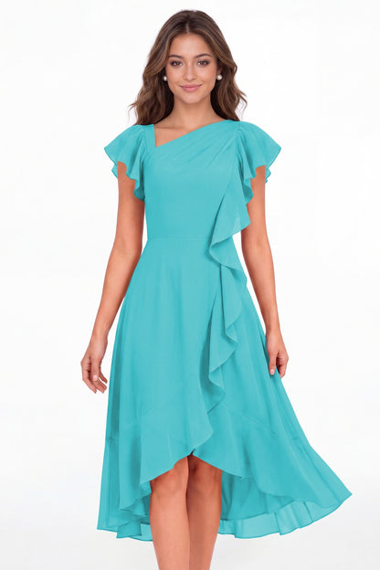 Aqua Blue Asymmetric Chiffon Ruffle Midi Dress - Front View
