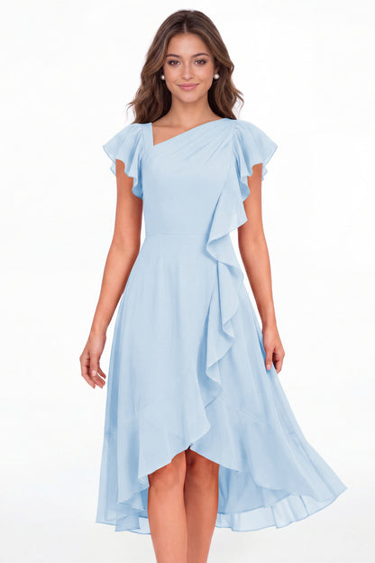 Baby Blue Asymmetric Chiffon Ruffle Midi Dress - Front View