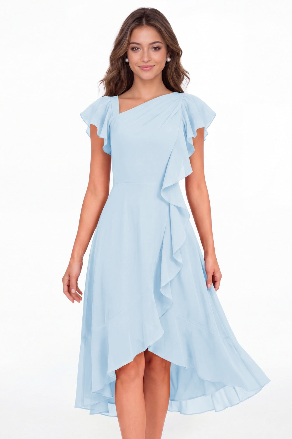 Baby Blue Asymmetric Chiffon Ruffle Midi Dress - Front View