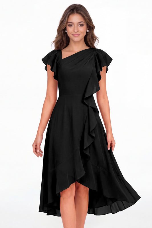 Black Asymmetric Chiffon Ruffle Midi Dress - Front View