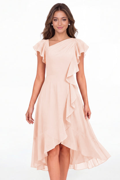 Blush Pink Asymmetric Chiffon Ruffle Midi Dress - Front View