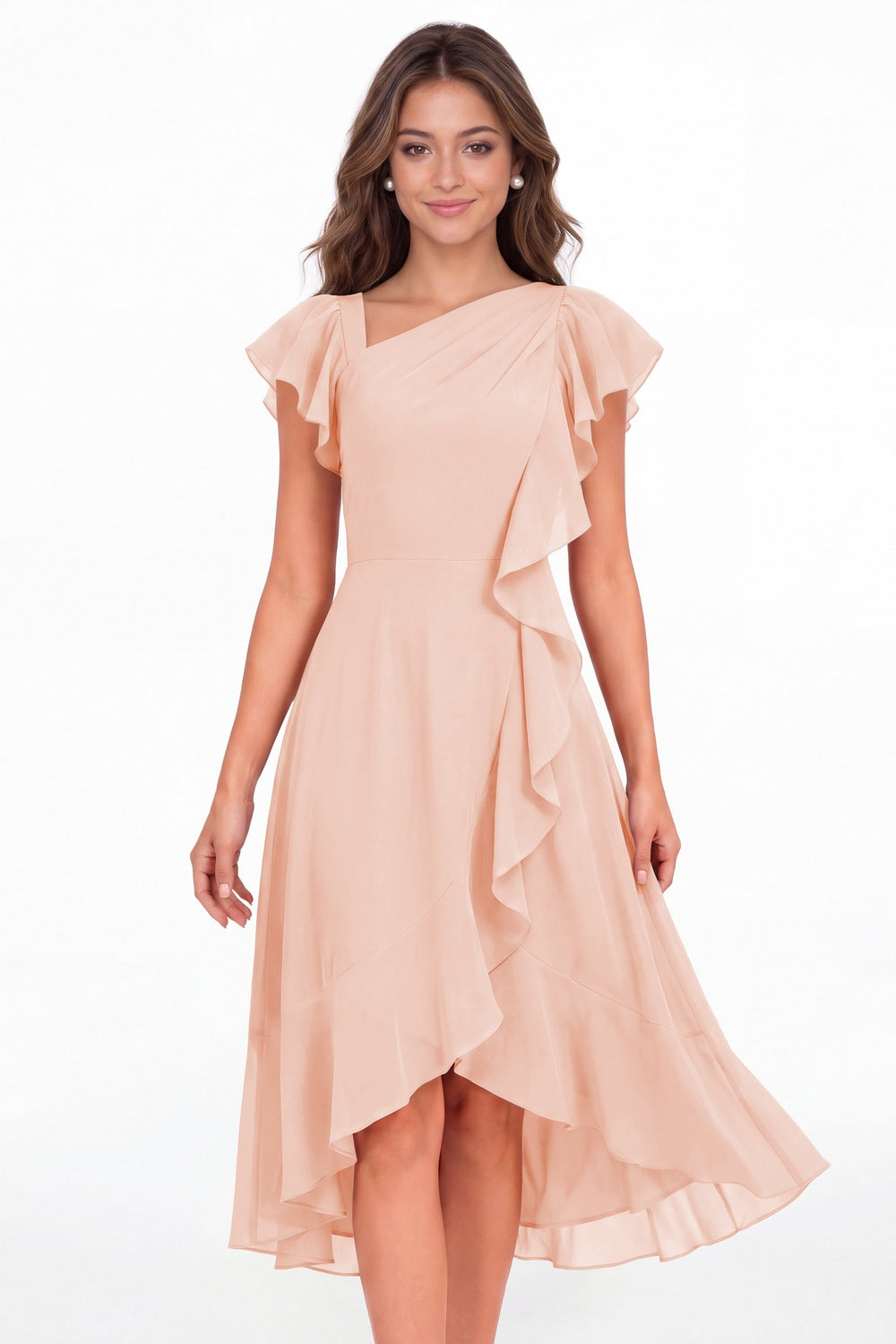 Blush Pink Asymmetric Chiffon Ruffle Midi Dress - Front View