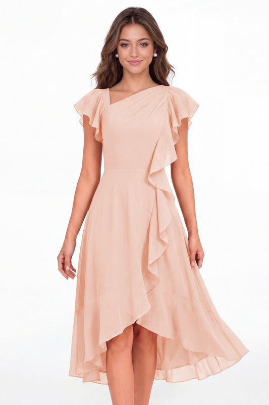 Blush Pink Asymmetric Chiffon Ruffle Midi Dress - Front View