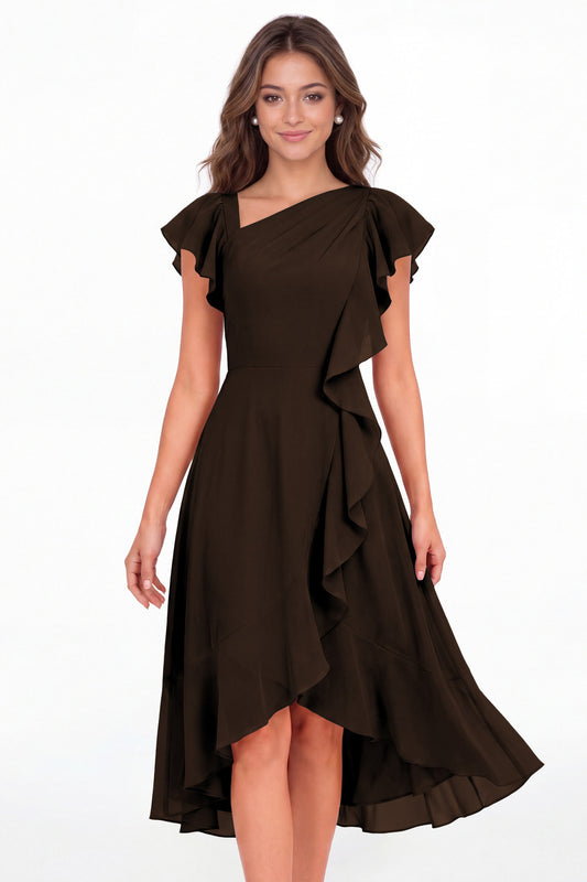 Brown Asymmetric Chiffon Ruffle Midi Dress - Front View