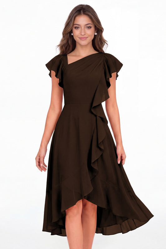 Brown Asymmetric Chiffon Ruffle Midi Dress - Front View