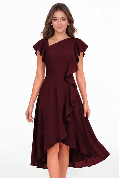 Burgundy Asymmetric Chiffon Ruffle Midi Dress - Front View