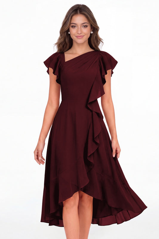 Burgundy Asymmetric Chiffon Ruffle Midi Dress - Front View