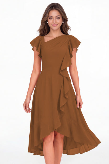 Burnt Orange Asymmetric Chiffon Ruffle Midi Dress - Front View