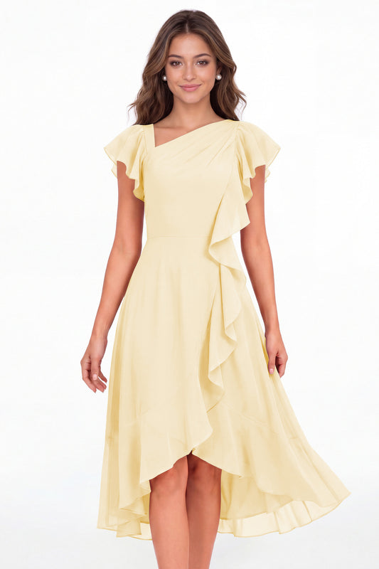 Butter Yellow Asymmetric Chiffon Ruffle Midi Dress - Front View