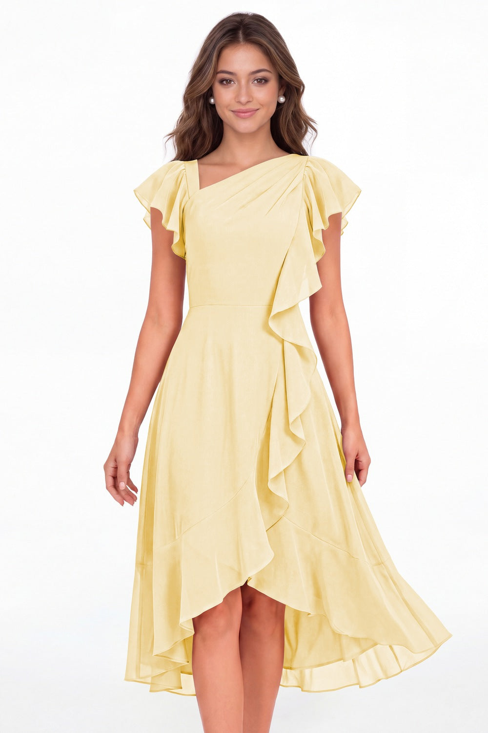Butter Yellow Asymmetric Chiffon Ruffle Midi Dress - Front View