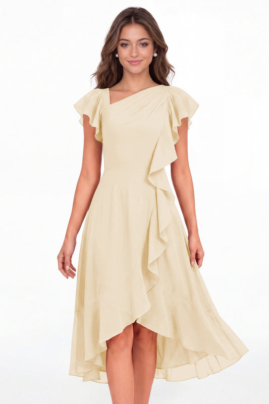 Champagne Asymmetric Chiffon Ruffle Midi Dress - Front View
