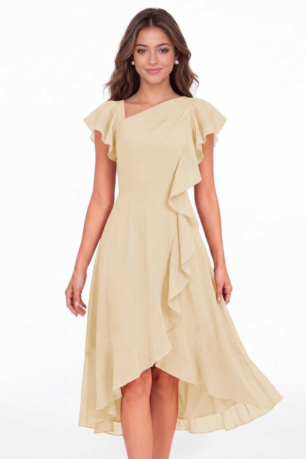 Champagne Asymmetric Chiffon Ruffle Midi Dress - Front View