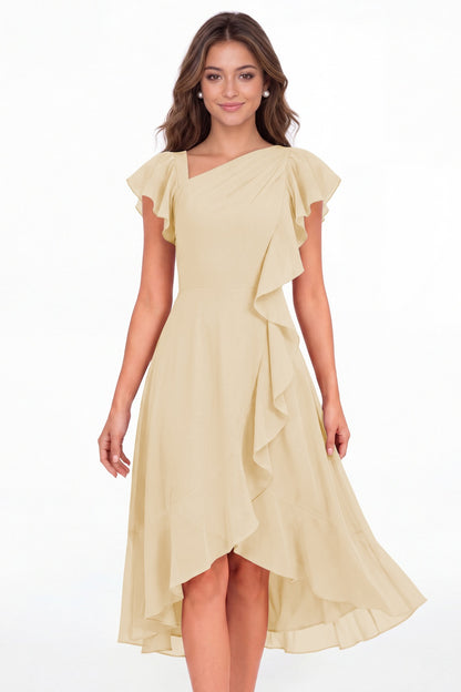 Champagne Asymmetric Chiffon Ruffle Midi Dress - Front View