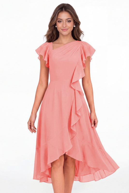 Coral Asymmetric Chiffon Ruffle Midi Dress - Front View