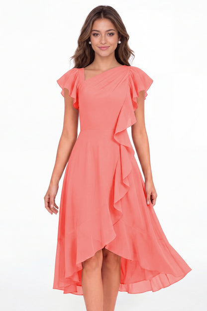 Coral Asymmetric Chiffon Ruffle Midi Dress - Front View