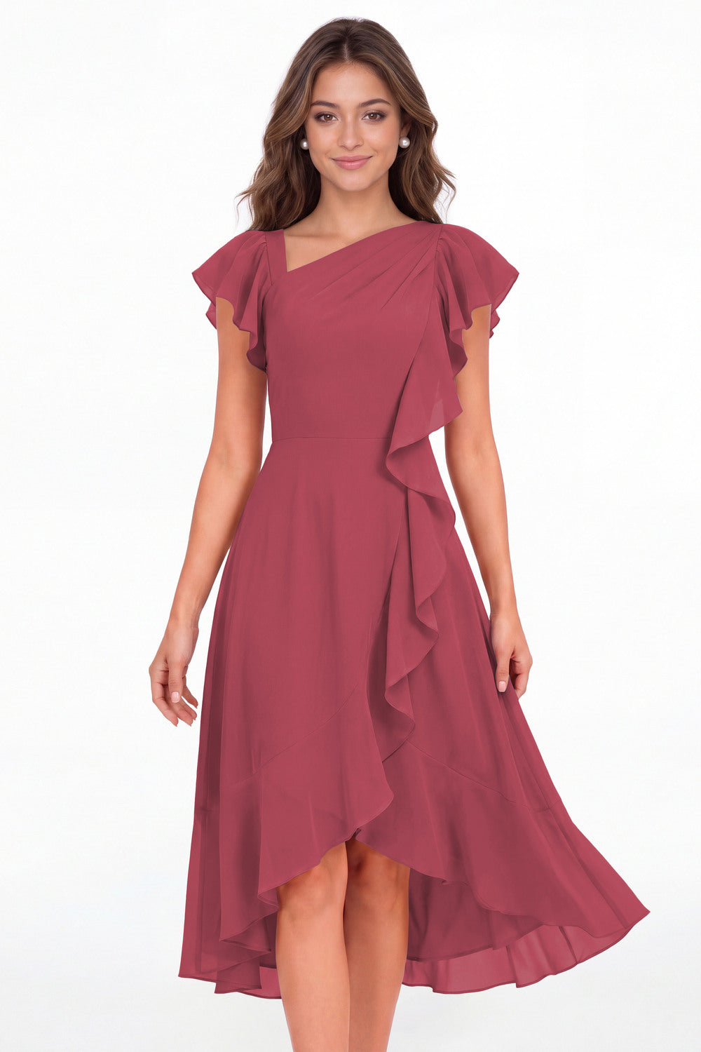 Desert Rose Asymmetric Chiffon Ruffle Midi Dress - Front View